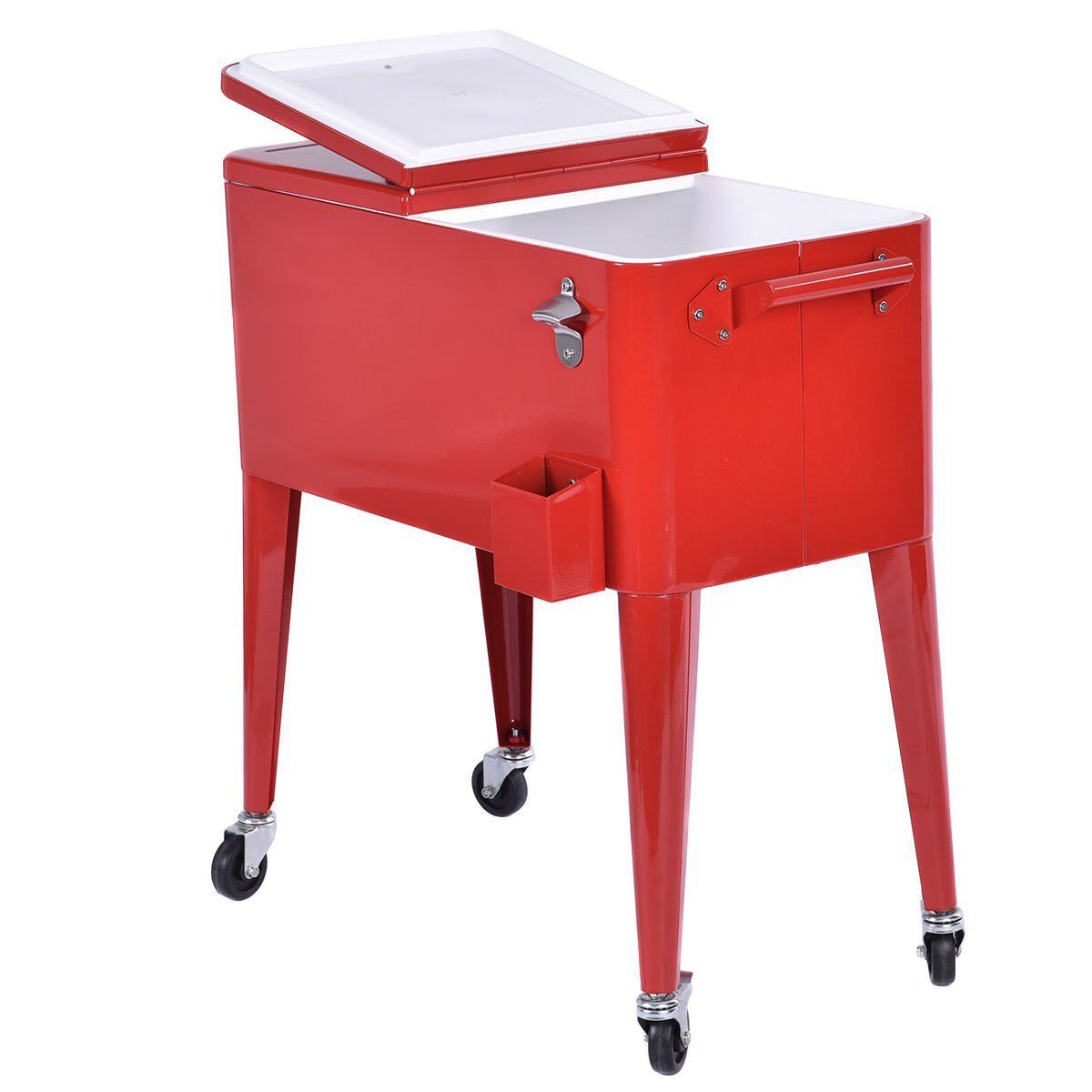 PatioZone 80QT (76L) Vintage Rolling Cooler Cart w/Lid and Bottle Opener, Steel Frame (MOSS-2003R) - Red