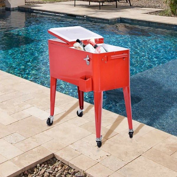 PatioZone 80QT (76L) Vintage Rolling Cooler Cart w/Lid and Bottle Opener, Steel Frame (MOSS-2003R) - Red