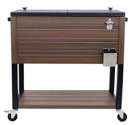 PatioZone 80QT (76L) Vintage Rolling Cooler Cart w/Lid and Bottle Opener, Steel Frame (MOSS-2004BN) - Wood Print