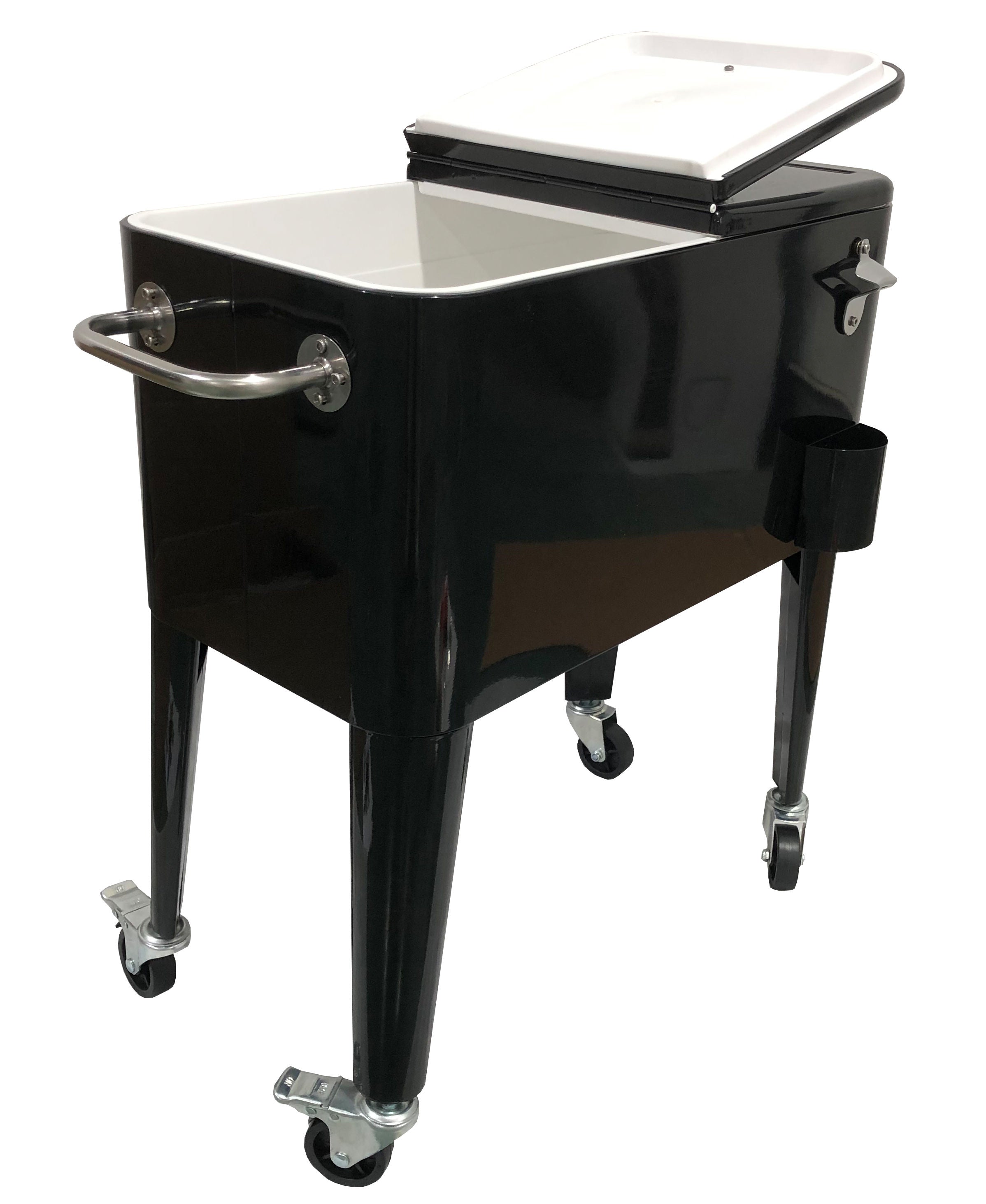 60 QT (57L) Vintage Rolling Cooler Cart with Lid and Bottle Opener, Steel Frame - Black