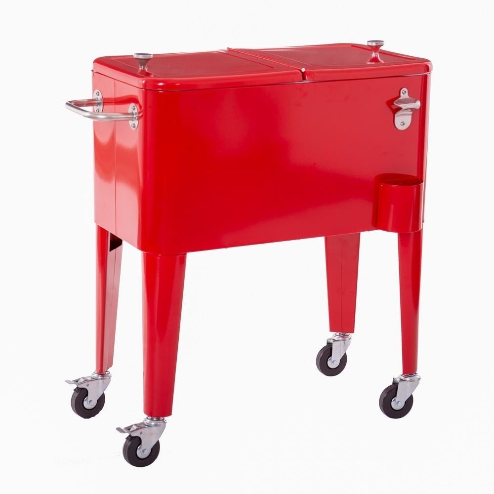 PatioZone 60QT (57L) Vintage Rolling Cooler Cart w/Lid and Bottle Opener, Steel Frame (MOSS-2006R) - Red