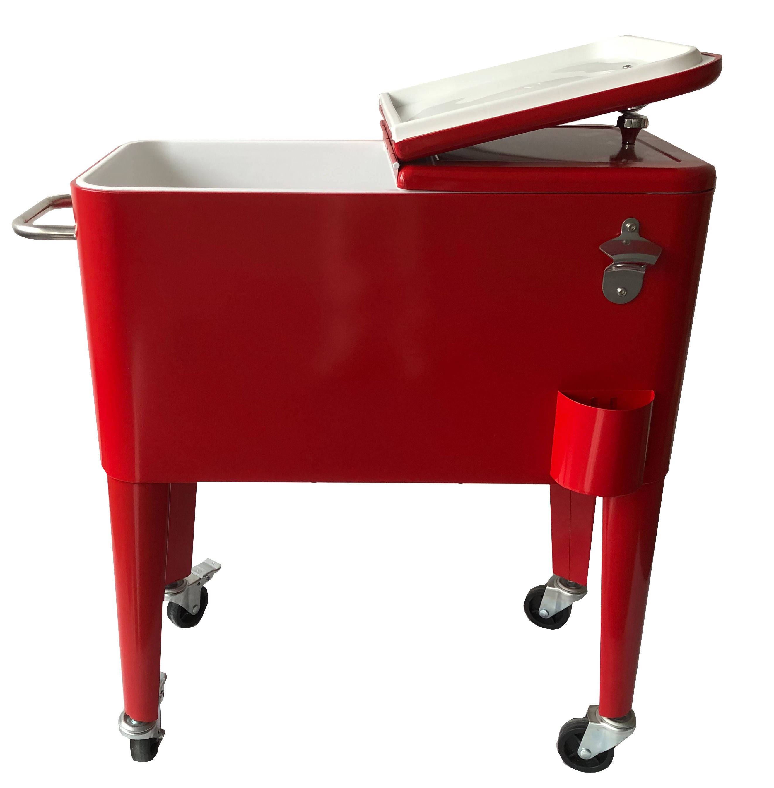 PatioZone 60QT (57L) Vintage Rolling Cooler Cart w/Lid and Bottle Opener, Steel Frame (MOSS-2006R) - Red