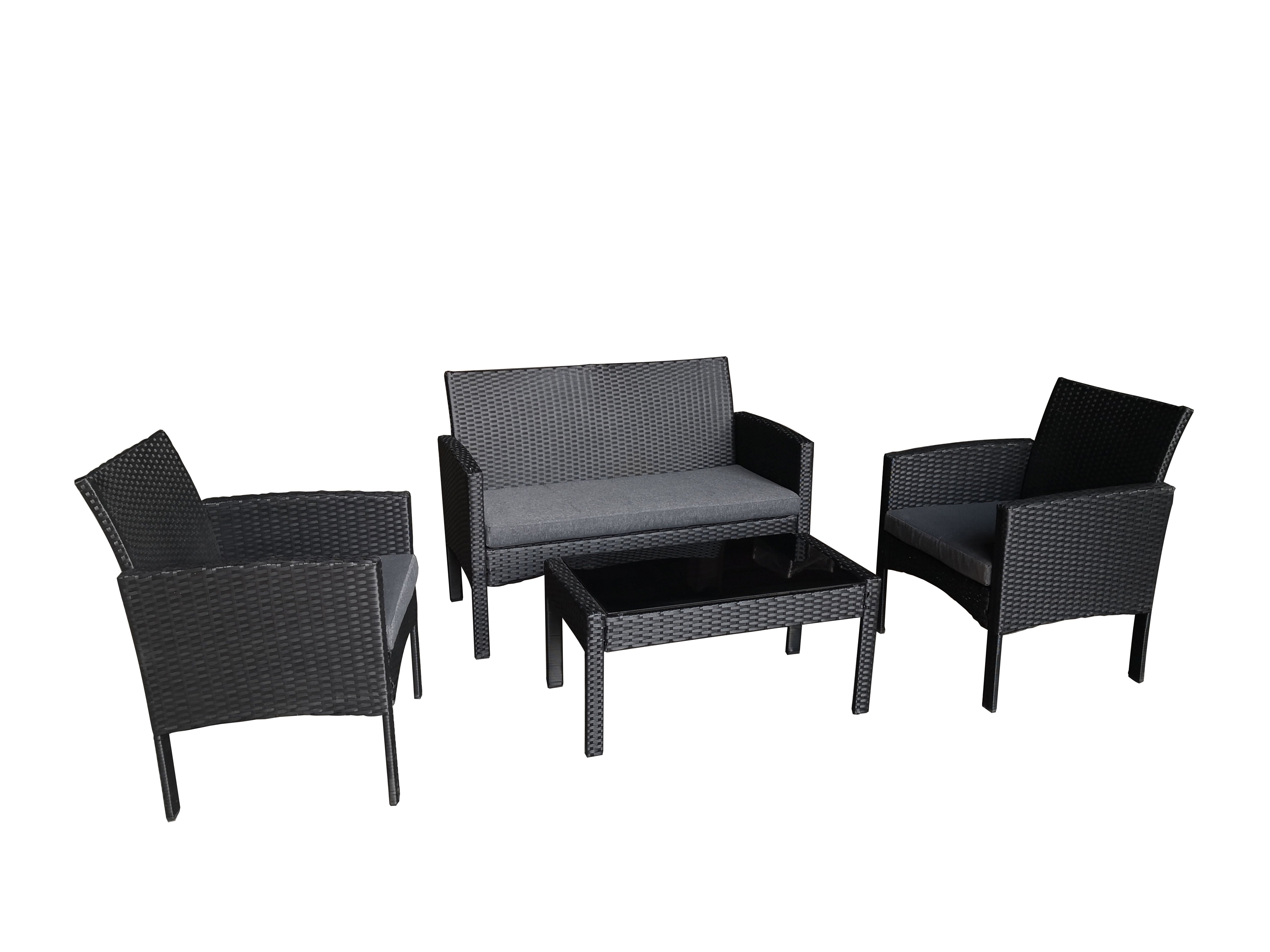 4 Piece Wicker Conversation Set with Polyester Cushions and Steel Frame - Black / Grey