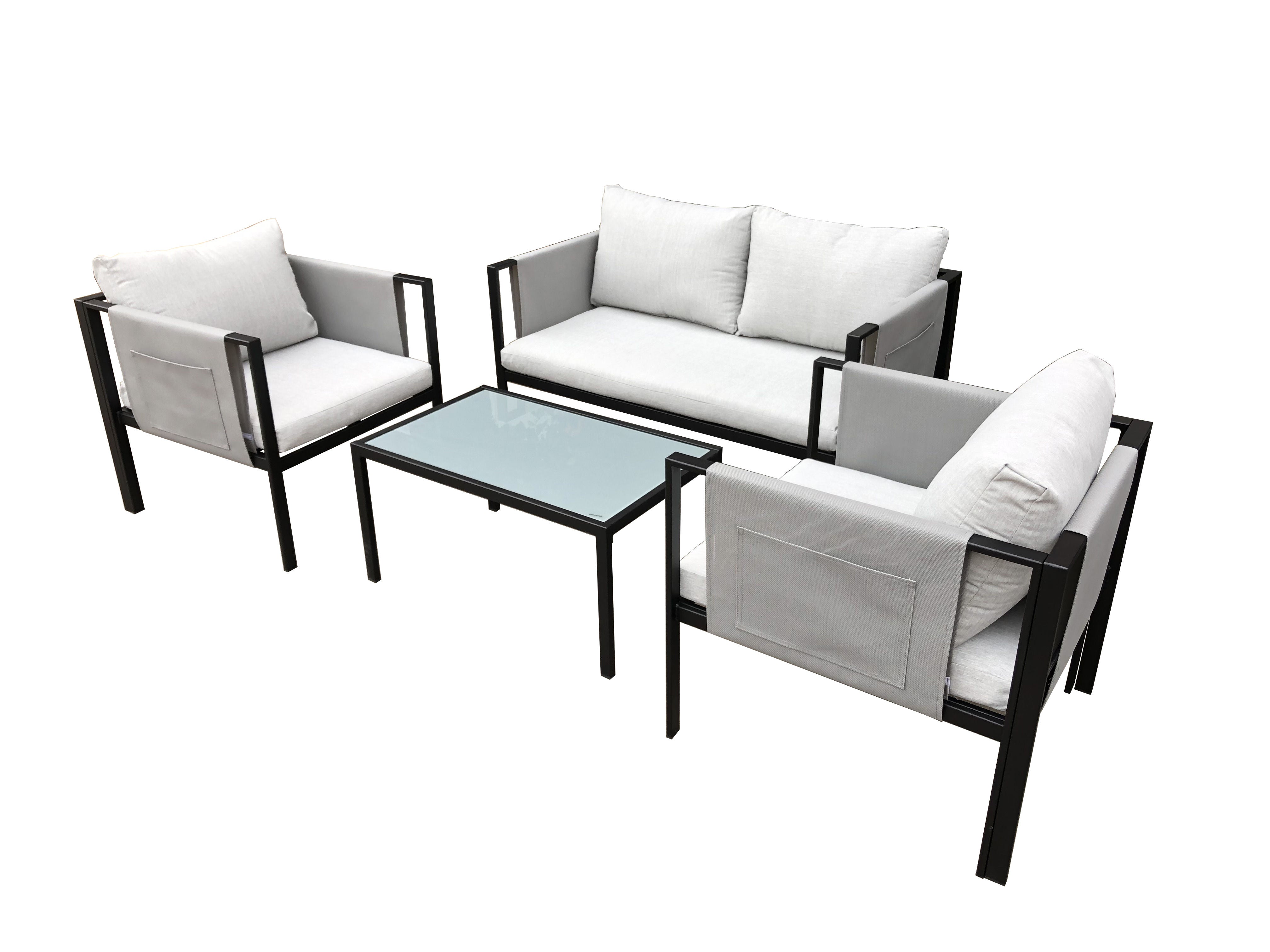 4 Piece Modern Conversation Set with Integrated Storage Pouches and Steel Frame - Black / White