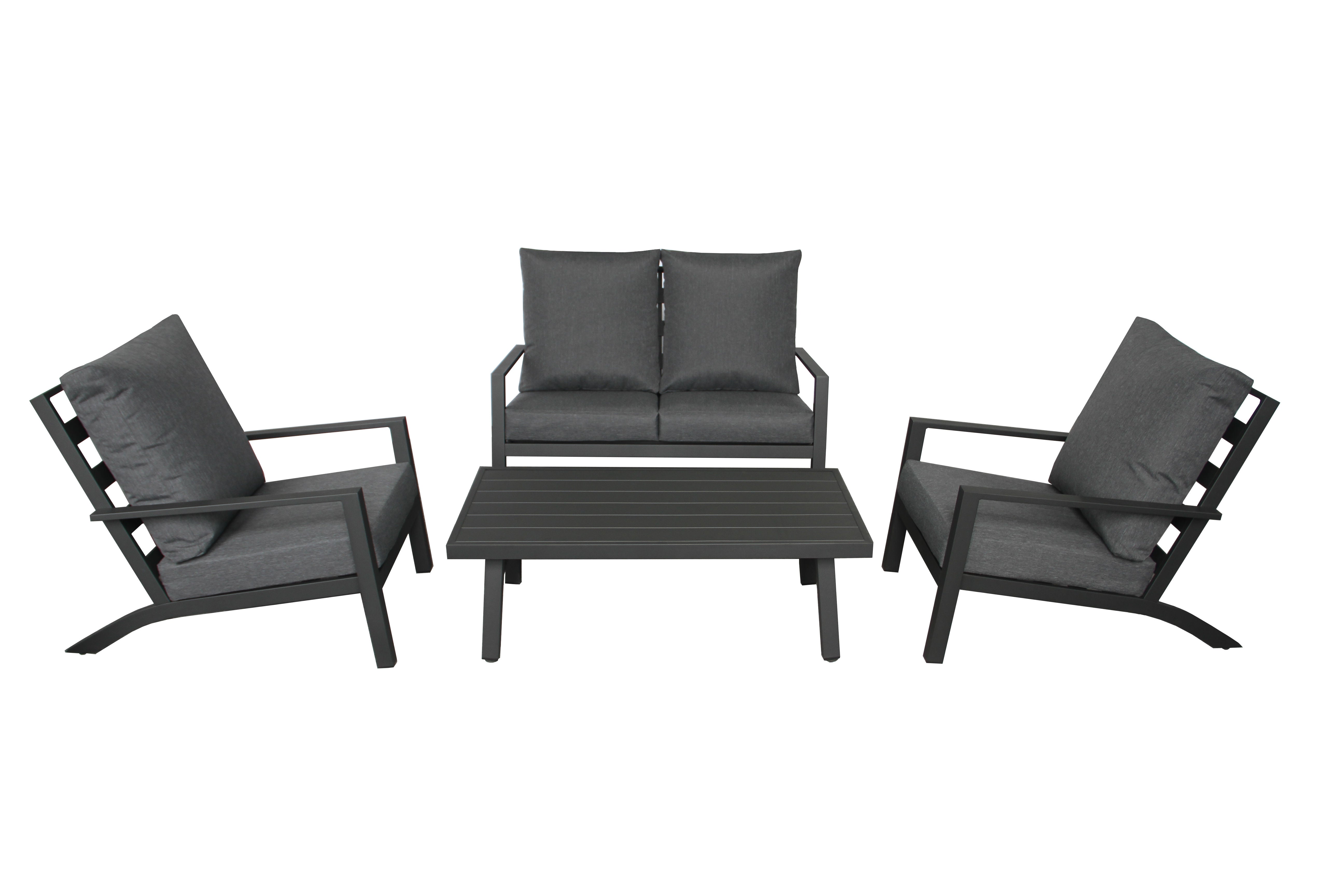 4 Piece Deep Seating Set with 5" Spun Polyester Cushions and Aluminum Frame - Black / Grey