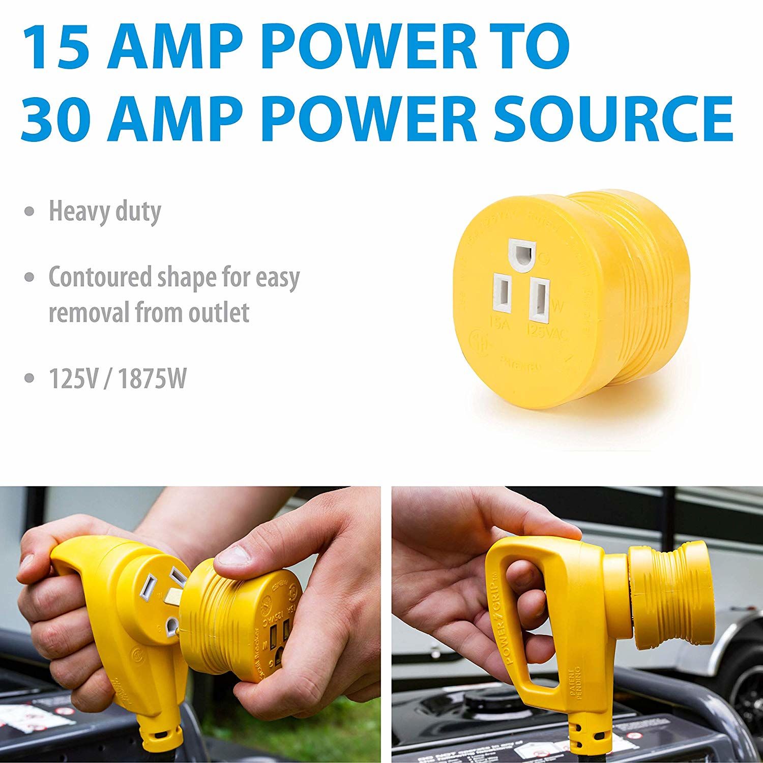 Camco 55233 30AM/15AF Power Grip Adapter  - 125V/1875W  Bilingual CSA