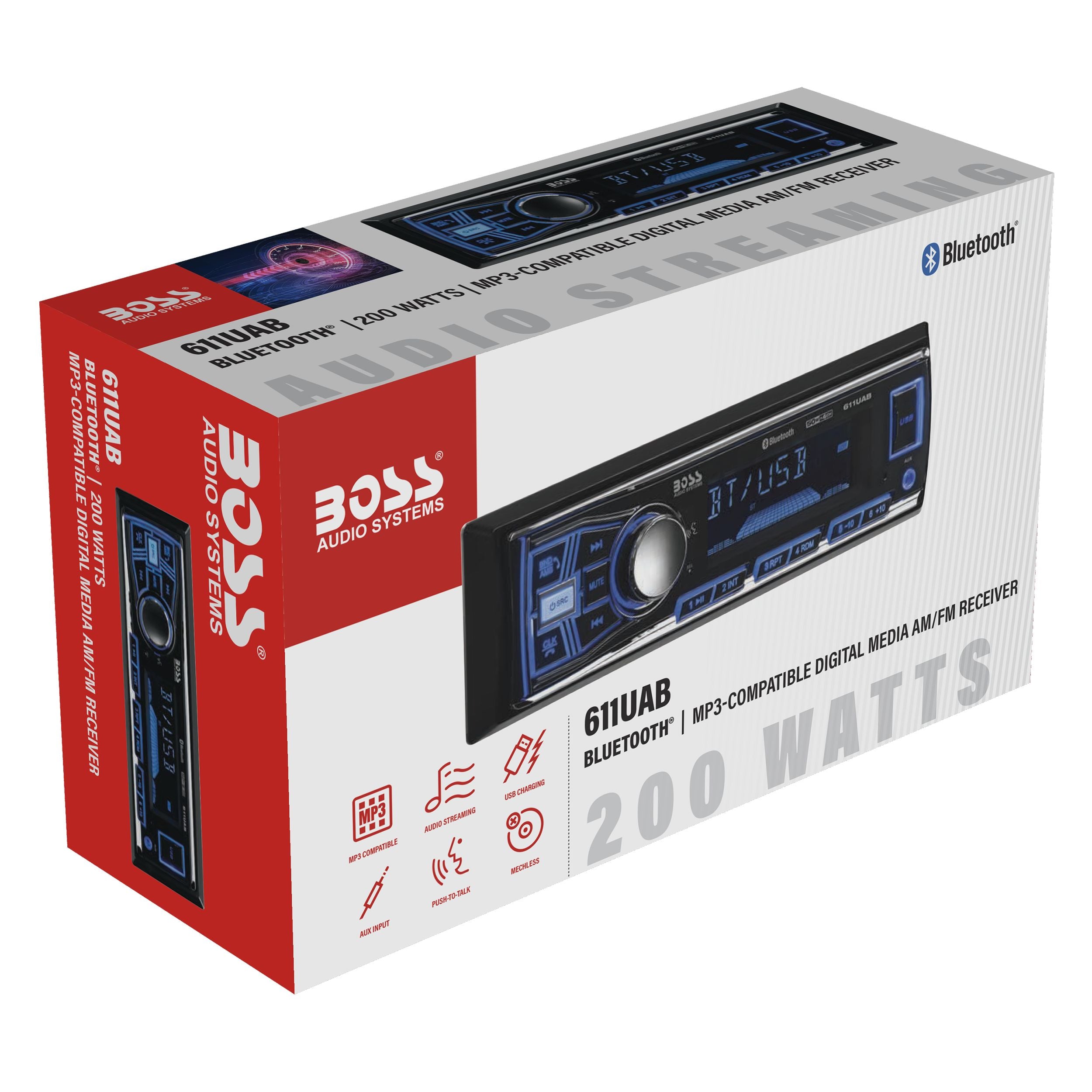 Boss 611UAB - MECH-LESS Multimedia Player (No CD/DVD) Bluetooth Single DIN 50W x 4