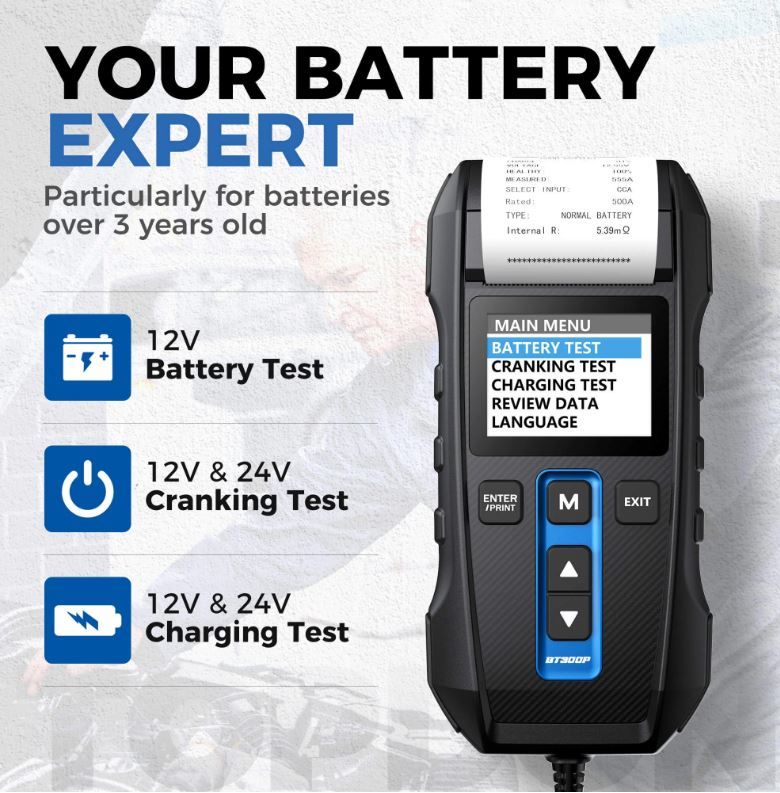 Topdon BT300P - 12V Lead-Acid Vehicle Battery Tester With a Built-in Printer