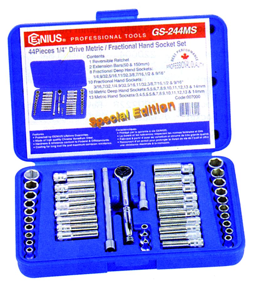 Genius GS-244MS - 44 Piece 1/4″ Dr. Metric & SAE Deep Hand Socket Set