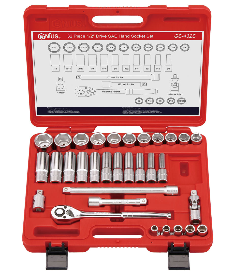 Genius GS-432S - (32-Pcs) 1/2" Dr. SAE Hand Socket Set