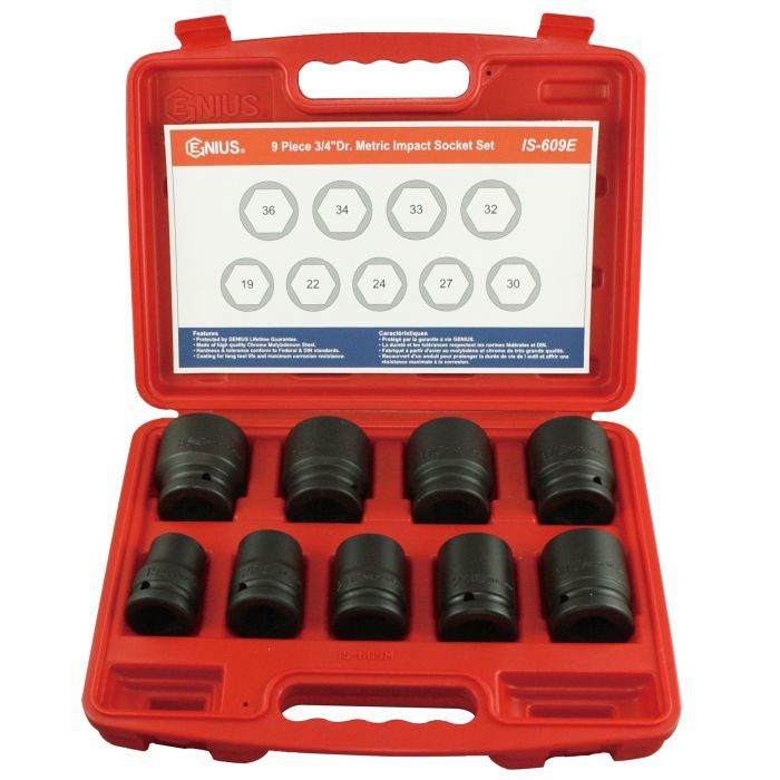 Genius IS-609E - (9-Pcs) 3/4" Dr. Metric Impact Socket Set