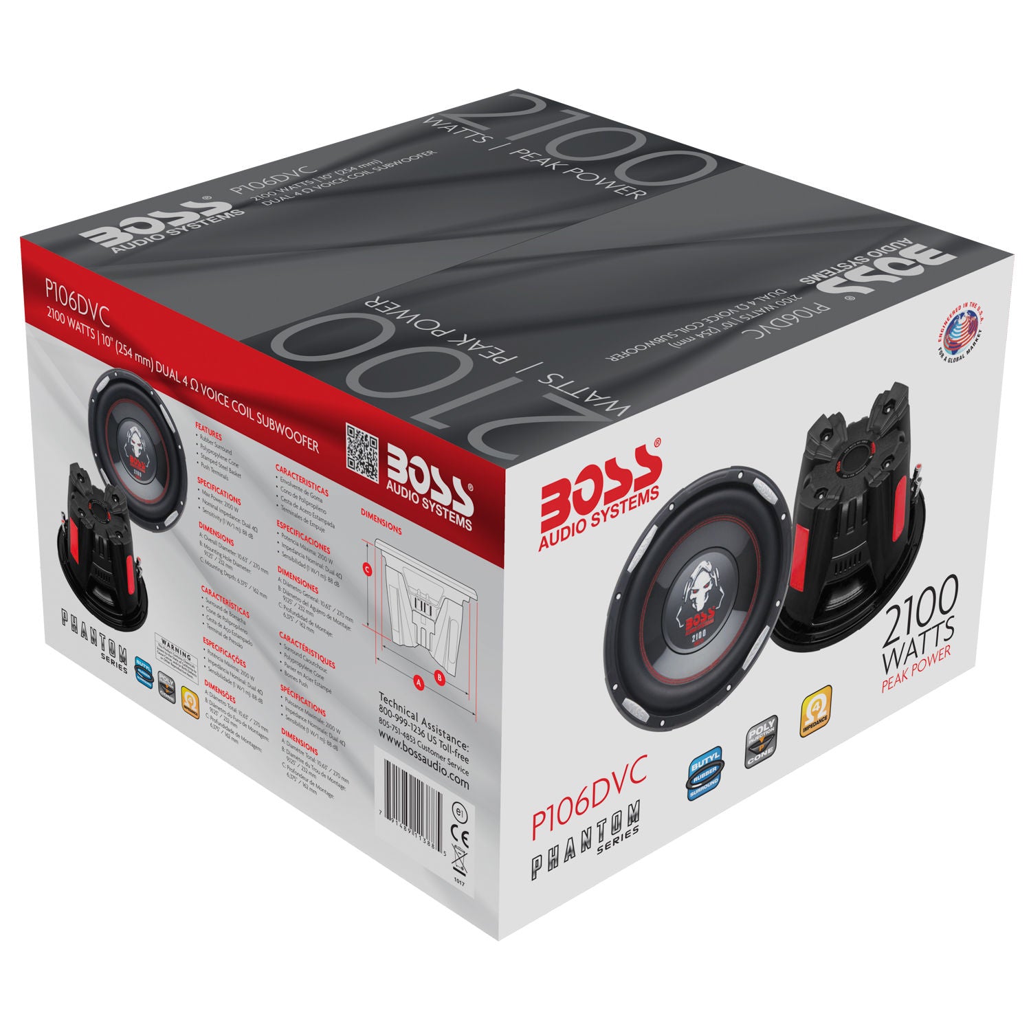 Boss P106DVC - Phantom - 10" DUAL Voice Coil (4 Ohm) 2100W Subwoofer. (Sold Single)