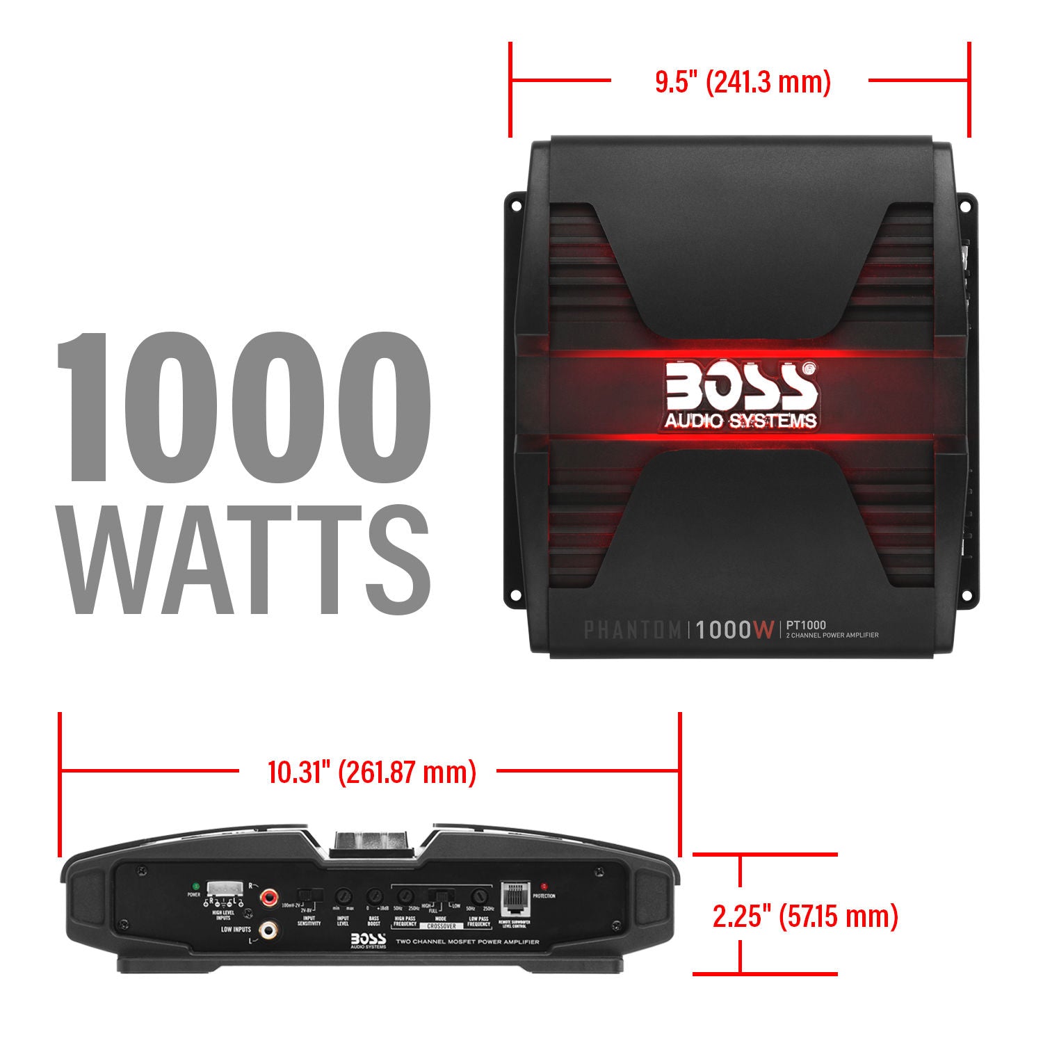 Boss PT1000 - Phantom MODEL 1000W High Output 2 Channel Full Range, Class A/B Amplifier Dim:9.5"L 10.31"W 2.25"H